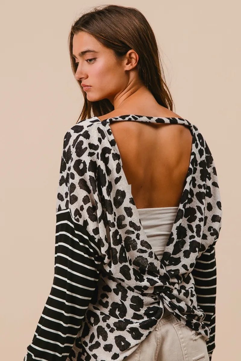 BiBi - Black & White Leopard Stripe Twist Back Top
