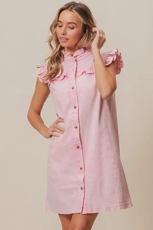 BiBi - Blush Denim Ruffle Button - Down Mini Dress