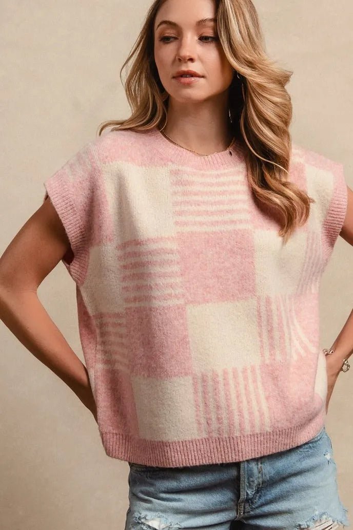 BiBi - Checkerboard Knit Sweater Vest – Pink & Ivory