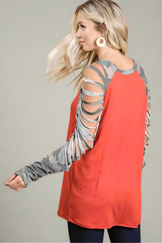 BiBi - Cold Shoulder Camo Sleeve Top in Brick & Olive