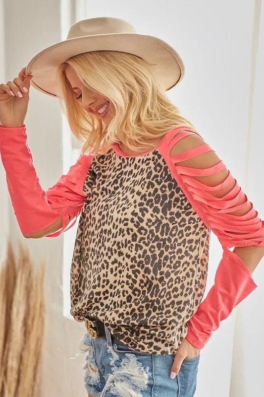 BiBi - Cold Shoulder Leopard Top in Coral & Taupe