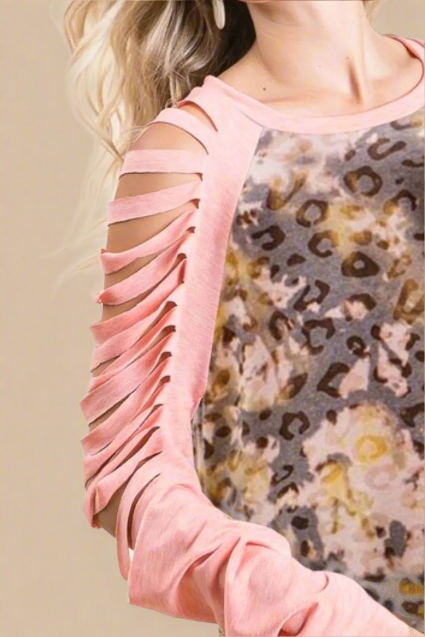 BiBi - Cold Shoulder Leopard Top in Pink