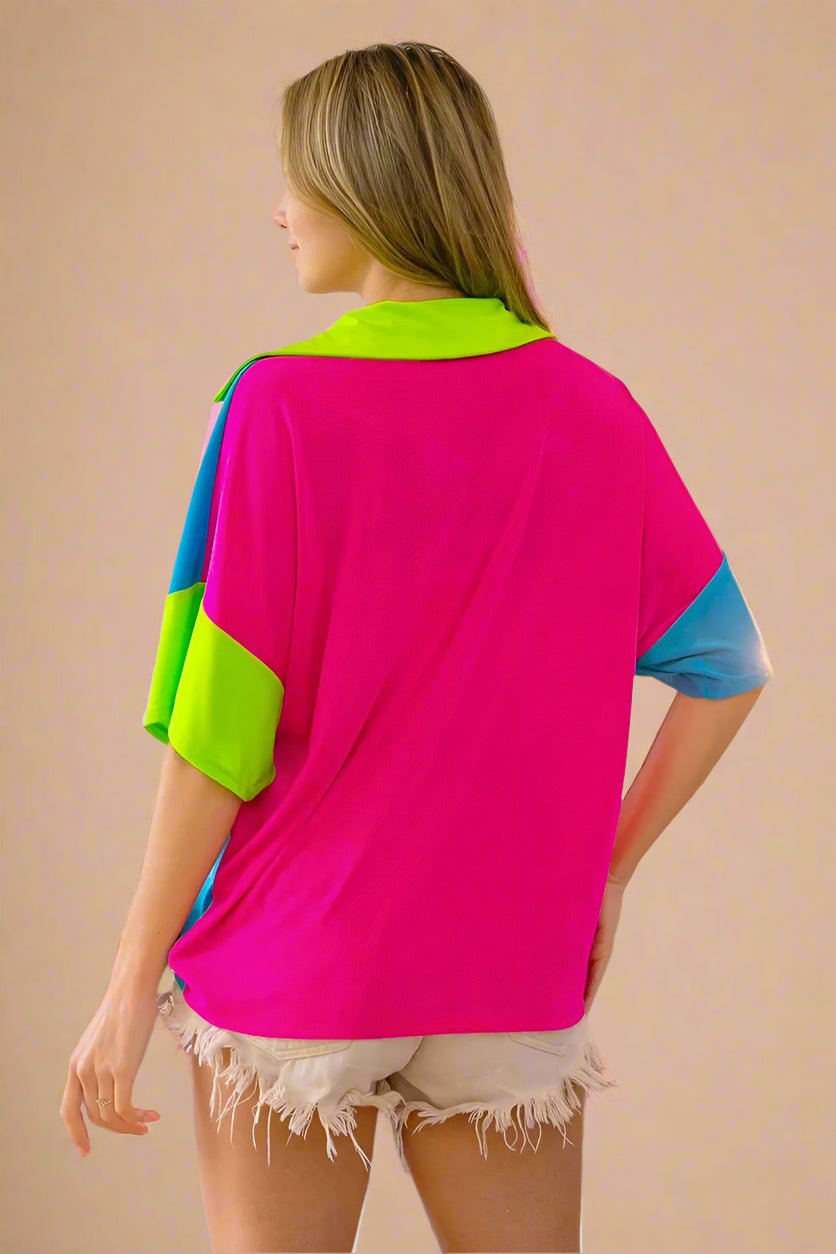 BiBi - Colorblock Collared Tee in Neon Pink & Lime Green