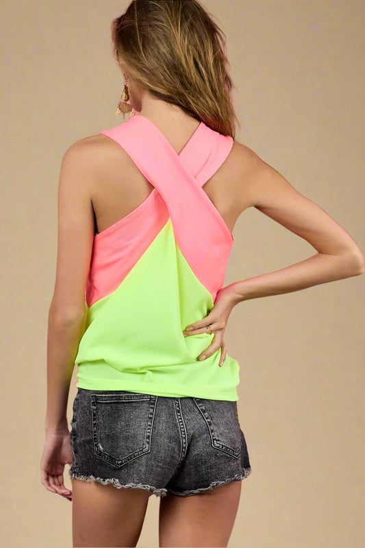 BiBi - Colorblock Crossover Halter Top in Neon Pink & Lime Green