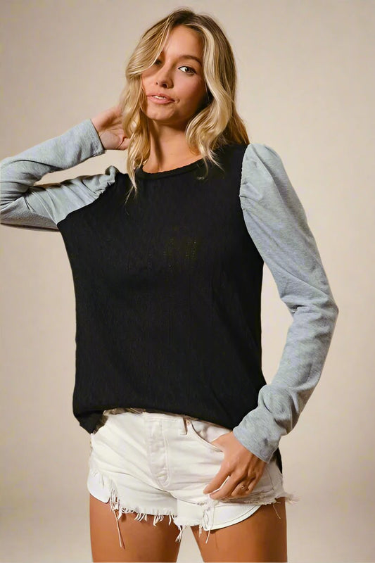 BiBi - Colorblock Puff Sleeve Knit Top – Black & Heather Gray