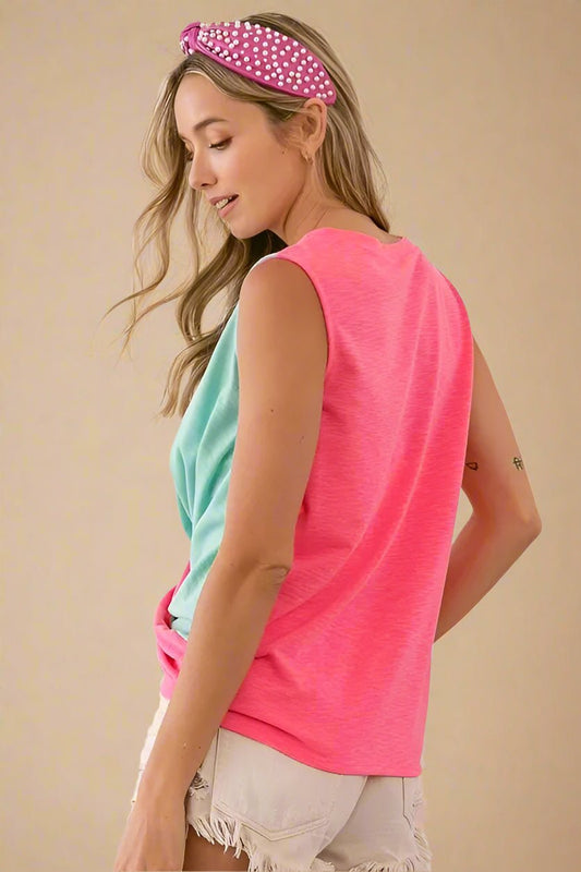 BiBi - Colorblock Twist Front Tank in Neon Pink & Aqua Green