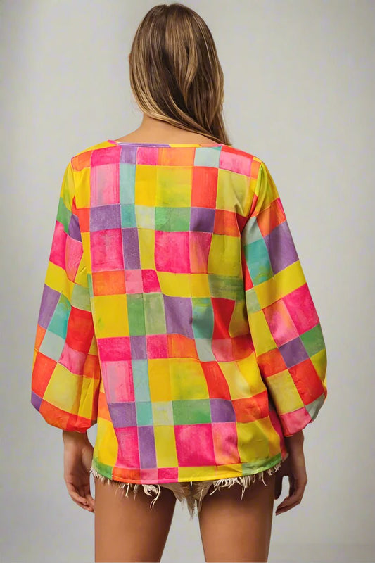 BiBi - Colorblock Watercolor Check Top in Rainbow Mix