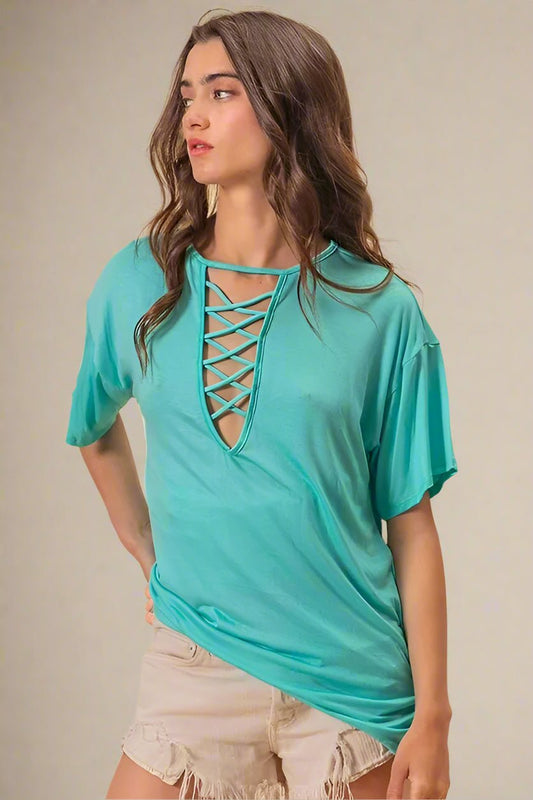 BiBi - Crisscross V - Neck Tee in Aqua Blue