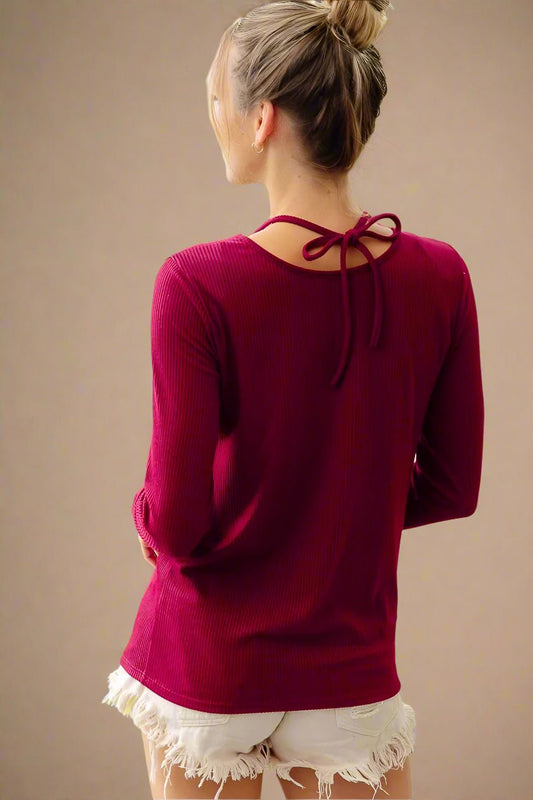 BiBi - Cutout Keyhole Tie - Back Top in Berry Wine