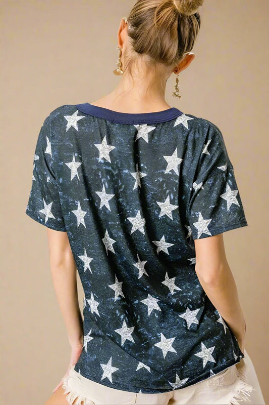 BiBi - Cutout Yoke Star Print Tee in Washed Navy