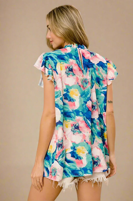 BiBi - Flutter Sleeve Blouse in Watercolor Floral
