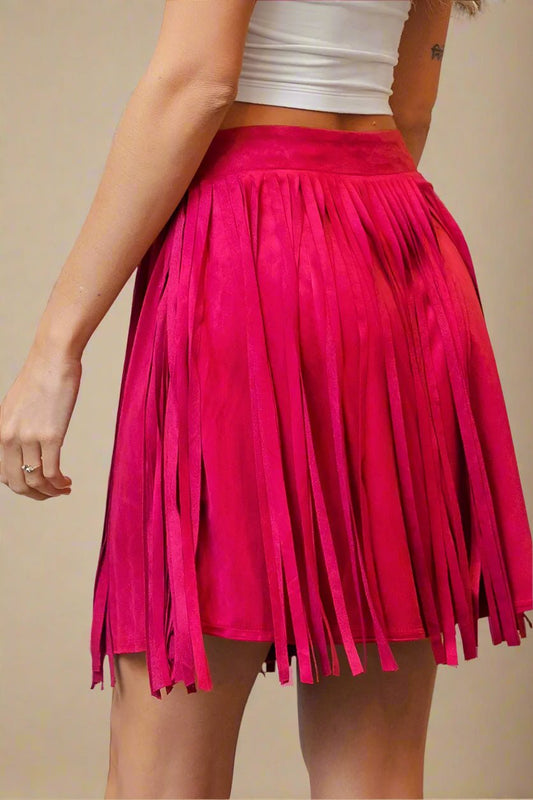 BiBi - Fringe Vegan Suede Mini Skirt in Hot Pink