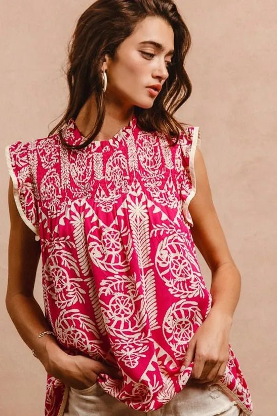 BiBi - Fuchsia & Cream Sleeveless Printed Top