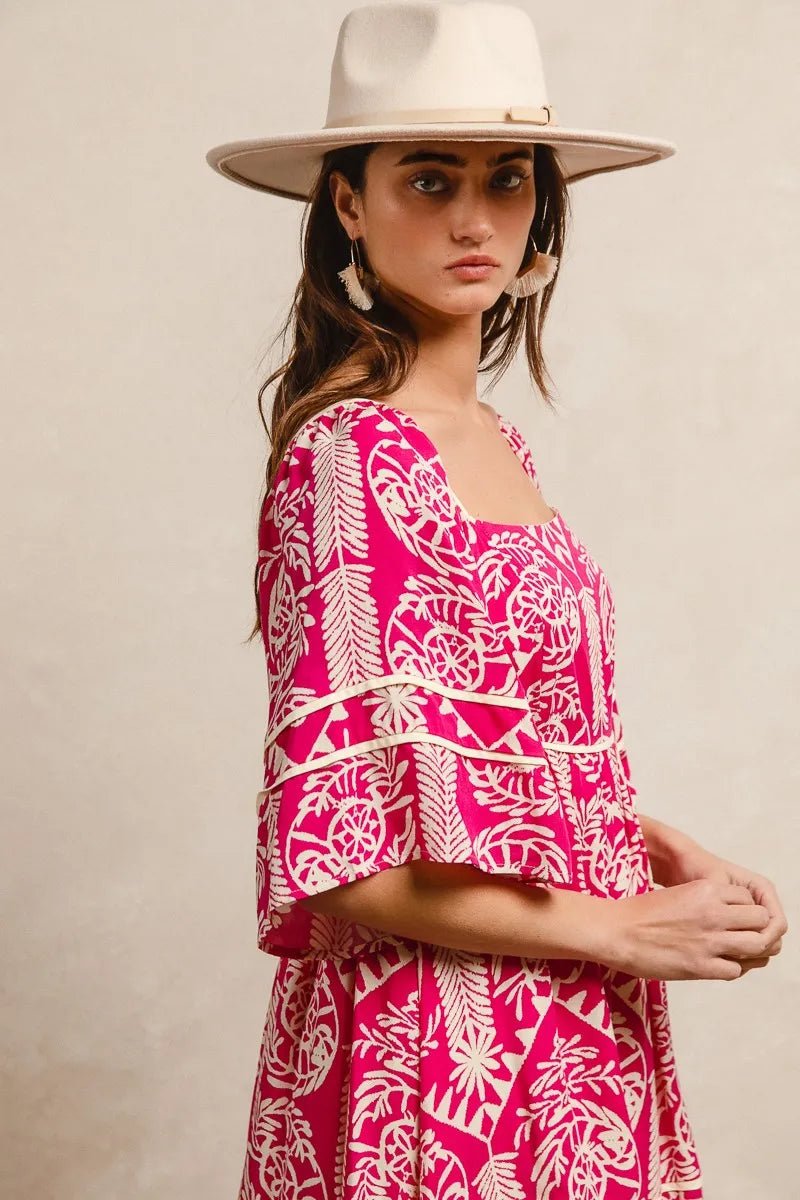 BiBi - Fuchsia & Ivory Boho Print Mini Dress