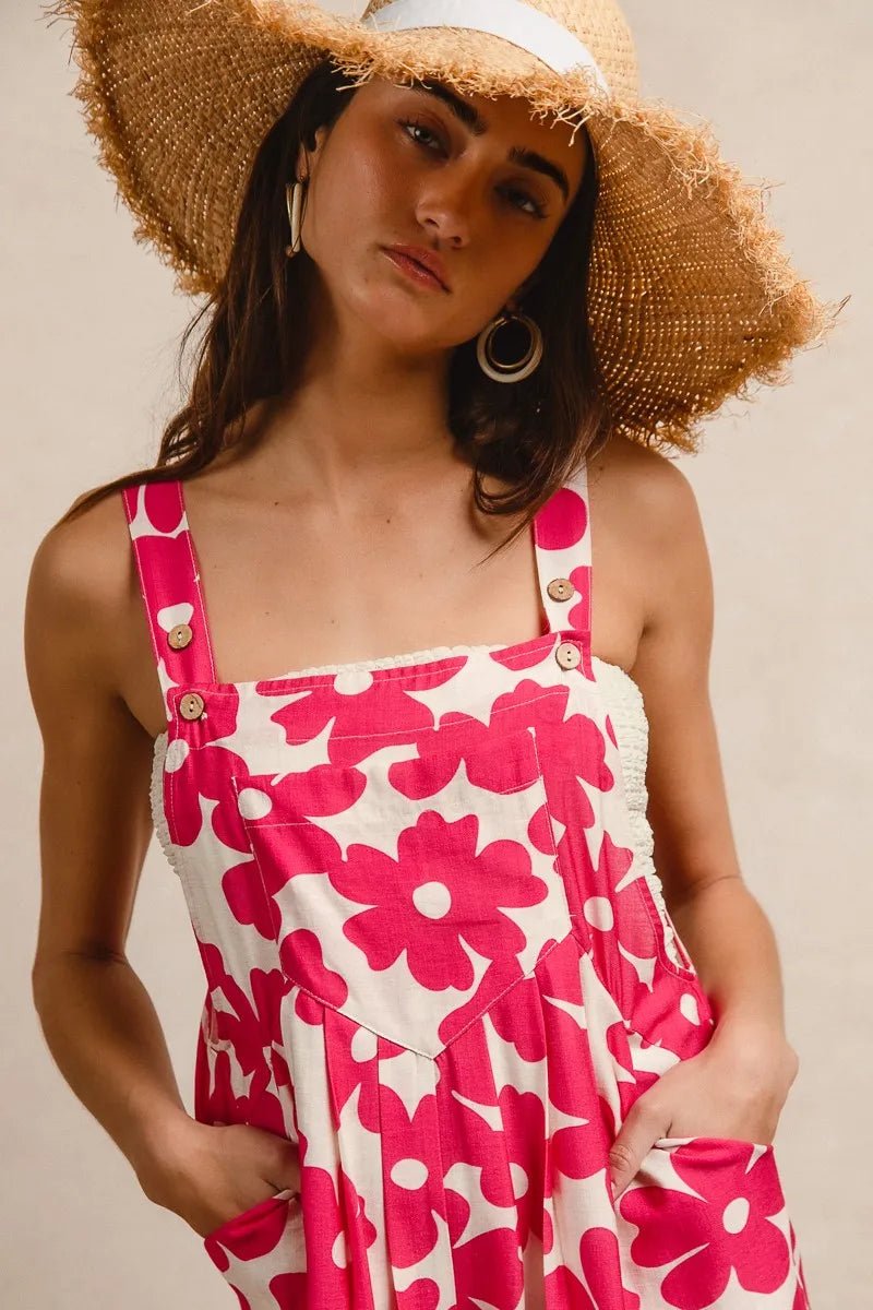 BiBi - Fuchsia & White Floral Print Overall Romper