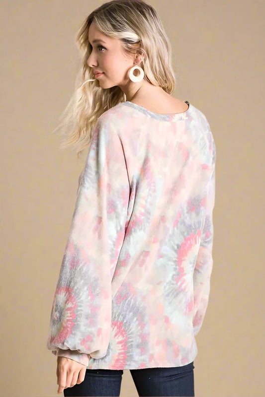 BiBi - Gray & Coral Tie - Dye Long Sleeve Oversized Top