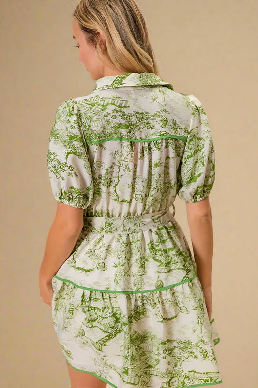 BiBi - Green Toile Puff Sleeve Mini Shirt Dress