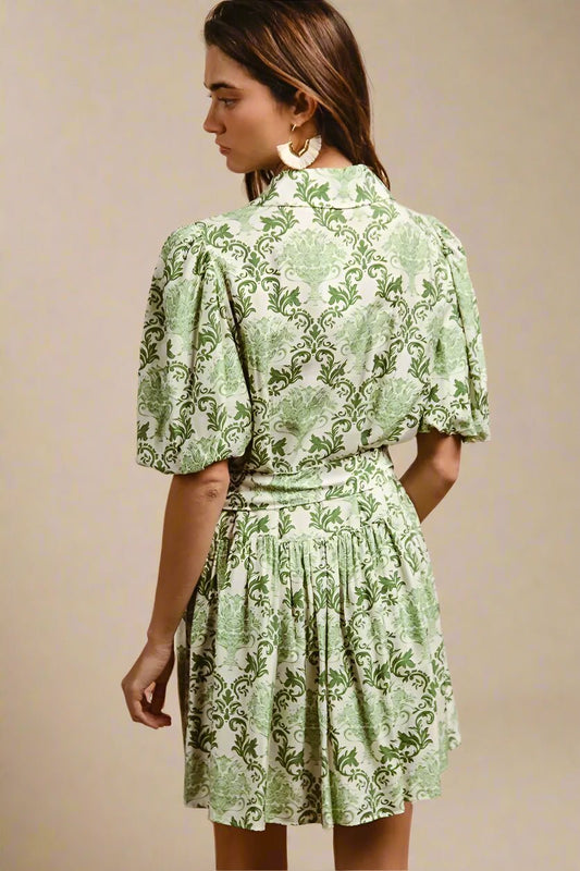 BiBi - Green & White Puff Sleeve Belted Mini Dress