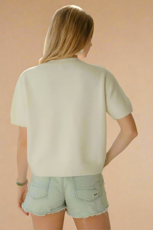 BiBi - Ivory Knit Short Sleeve Cardigan with Teddy Bear Design