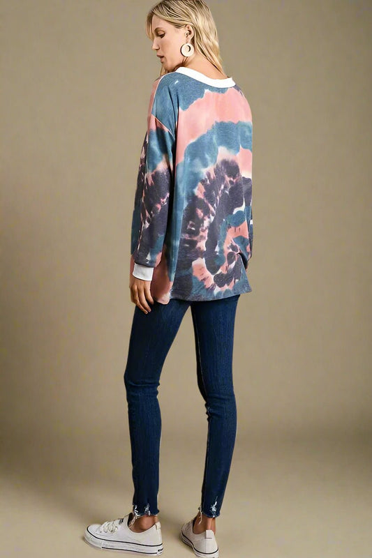 BiBi - Lace - Up Tie - Dye Pullover in Navy Coral Marble