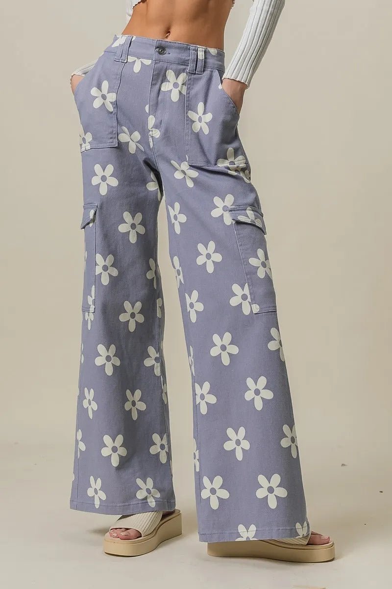 BiBi - Lavender Daisy Print Cargo Jeans