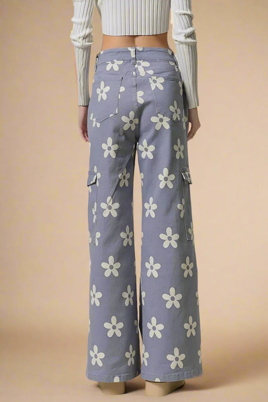 BiBi - Lavender Daisy Print Cargo Jeans