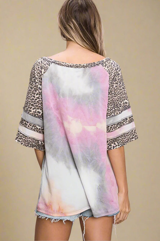 BiBi - Leopard Sleeve Tie - Dye Raglan Top – Pink & Gray