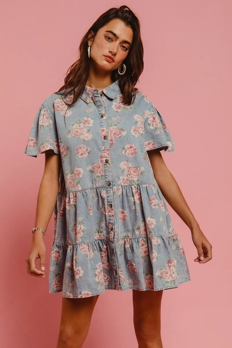 BiBi - Light Wash Denim Floral Button Down Mini Dress