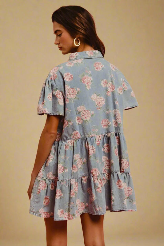BiBi - Light Wash Denim Floral Button Down Mini Dress