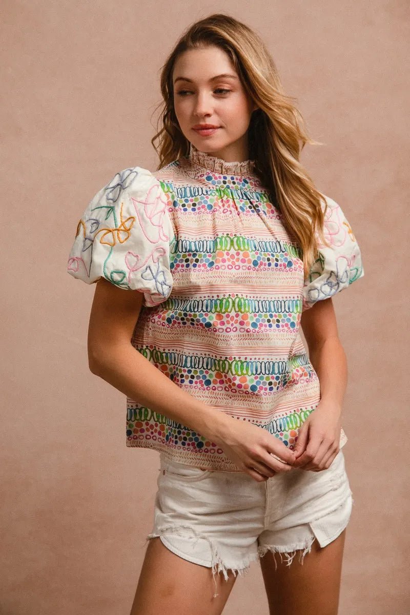 BiBi - Multi Color Embroidered Bubble Sleeve Top