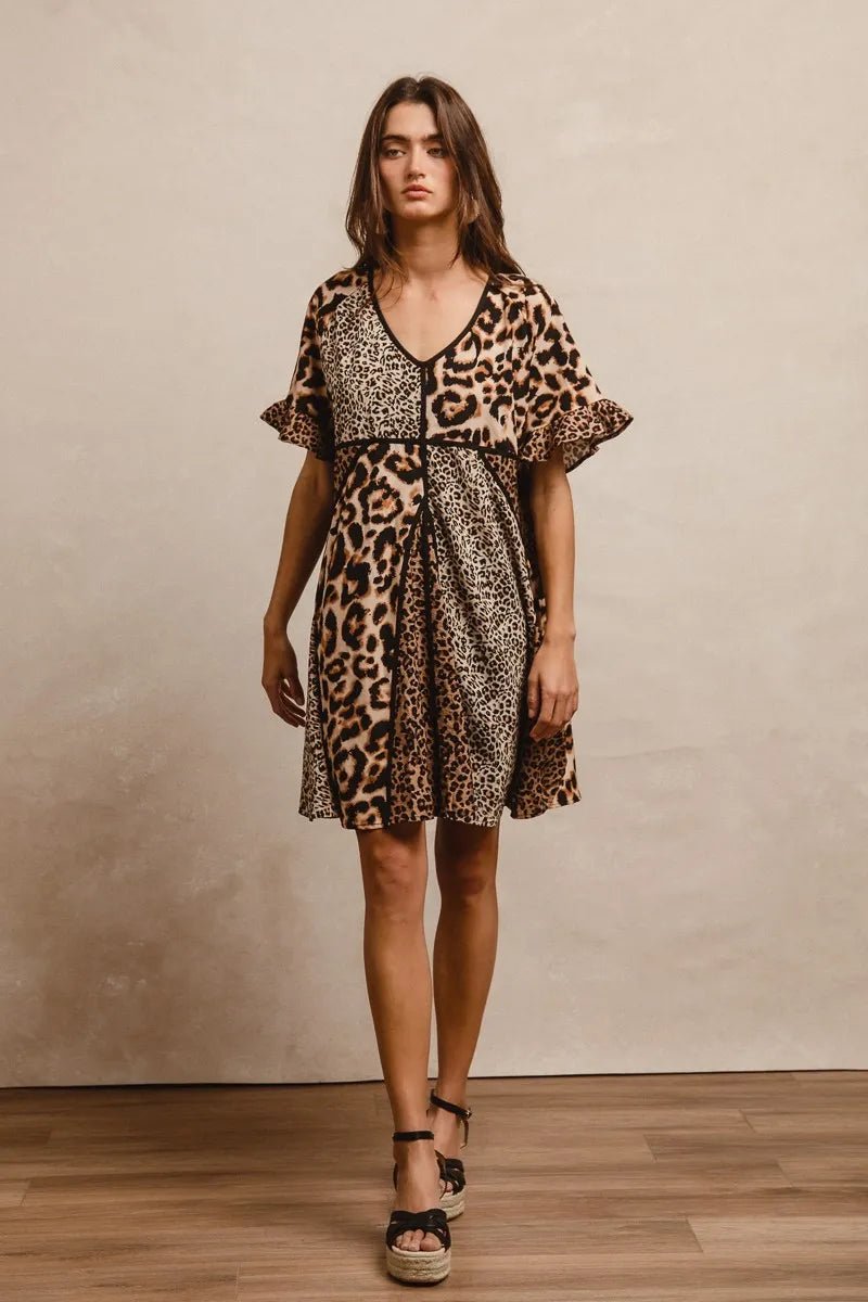 BiBi - Multi Print Leopard V - Neck Ruffle Sleeve Mini Dress