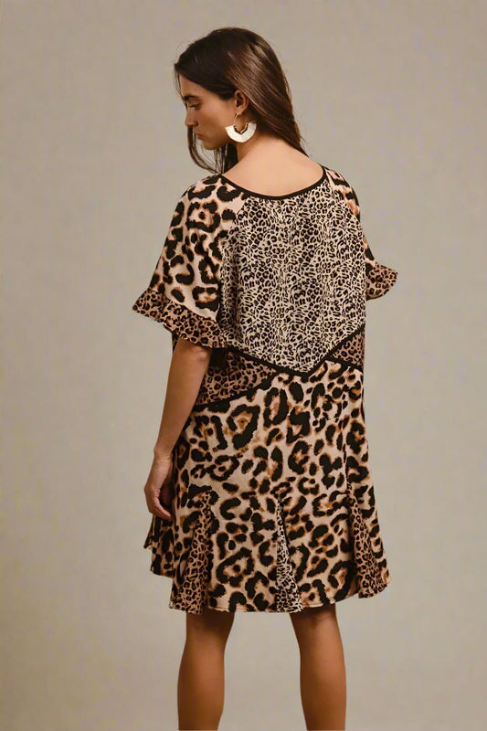 BiBi - Multi Print Leopard V - Neck Ruffle Sleeve Mini Dress