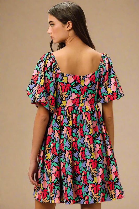 BiBi - Multicolor Floral Print Puff Sleeve Babydoll Dress