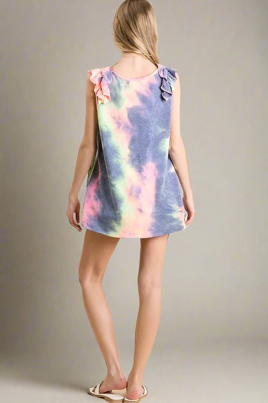BiBi - Multicolor Ruffle Shoulder Tie - Dye Tank in Purple