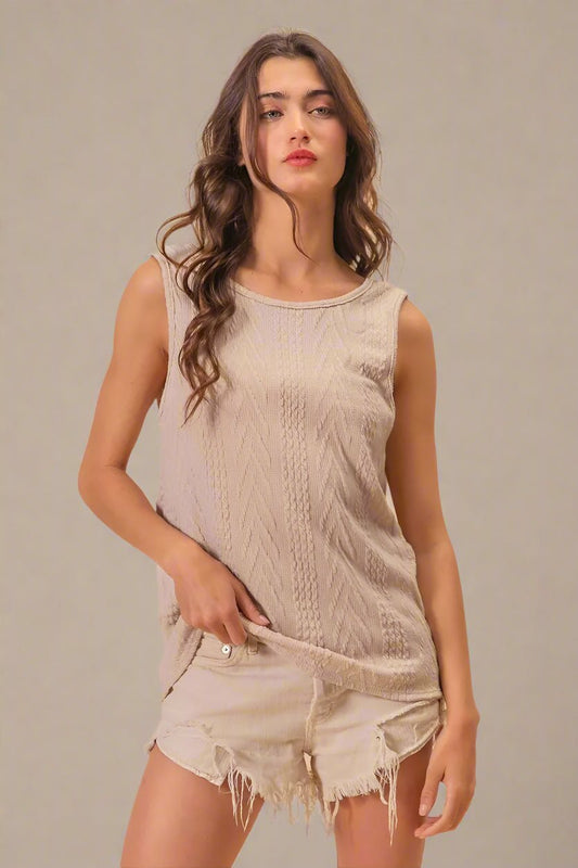 BiBi - Mushroom Taupe Cable Knit Twist - Back Sleeveless Top