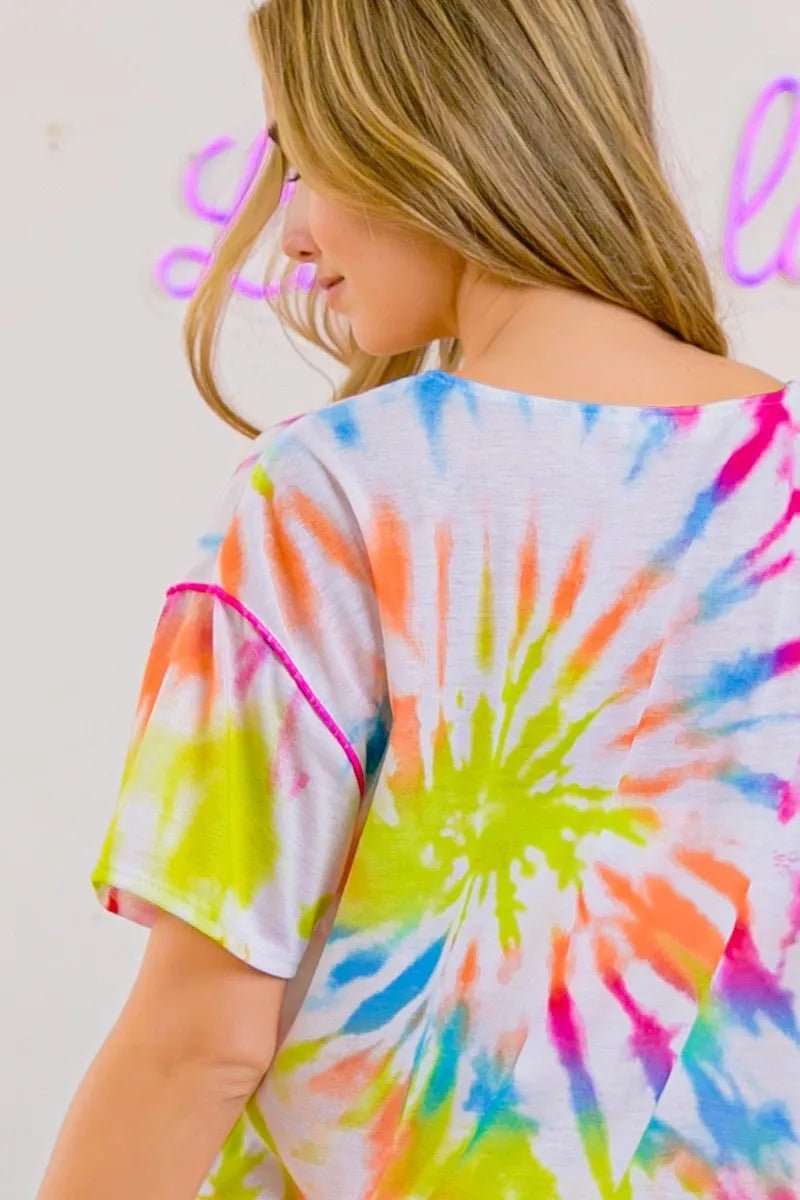 BiBi - Neon Rainbow Tie - Dye V - Neck Tee