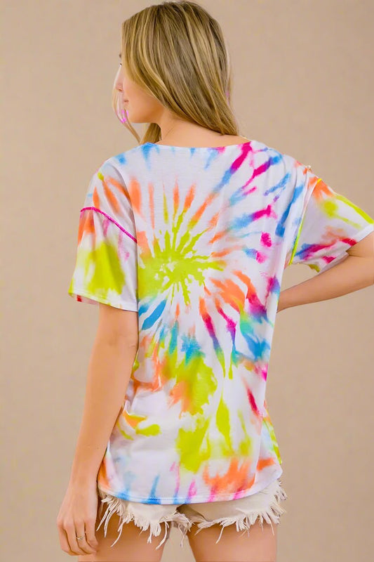BiBi - Neon Rainbow Tie - Dye V - Neck Tee