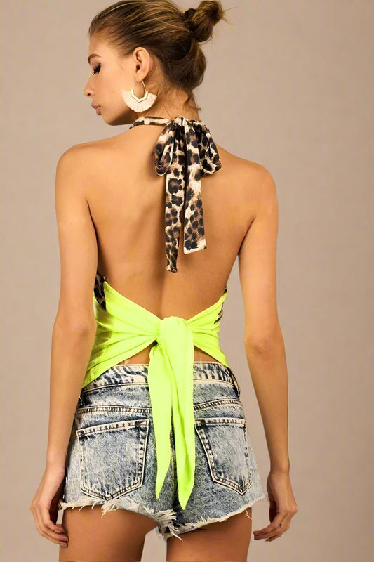 BiBi - Neon Yellow Halter Tank with Leopard Trim