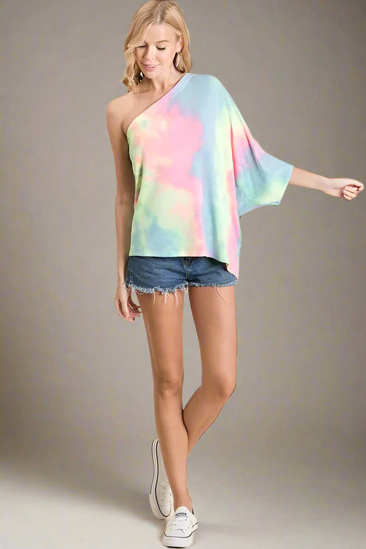 BiBi - One Shoulder Tie - Dye Tee in Rainbow Sherbet