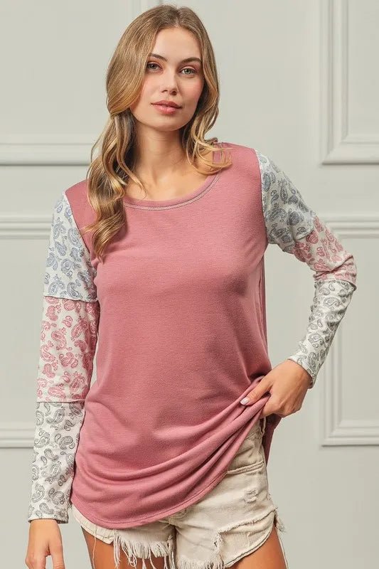 BiBi - Paisley Patch Long Sleeve Top in Dusty Rose Multi