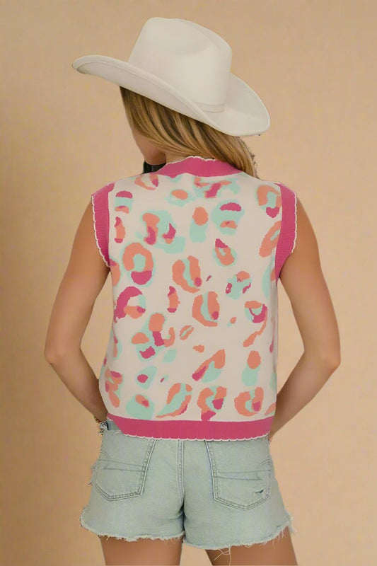 BiBi - Pink Multi Leopard Print Knit Tie Front Vest