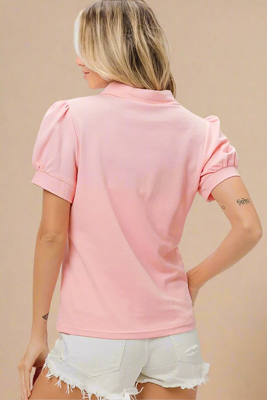 BiBi - Puff Sleeve Collared Polo Top – Soft Blush Pink