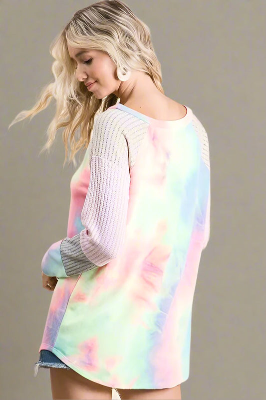 BiBi - Raglan Tie - Dye Pullover – Navy Mint & Pink Sleeves