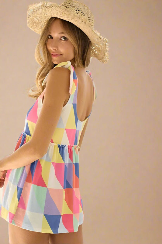 BiBi - Rainbow Geometric Tie - Shoulder Babydoll Top