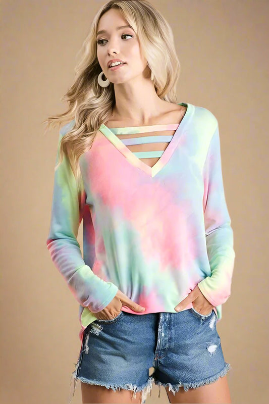 BiBi - Rainbow Tie - Dye V - Neck Long Sleeve Top