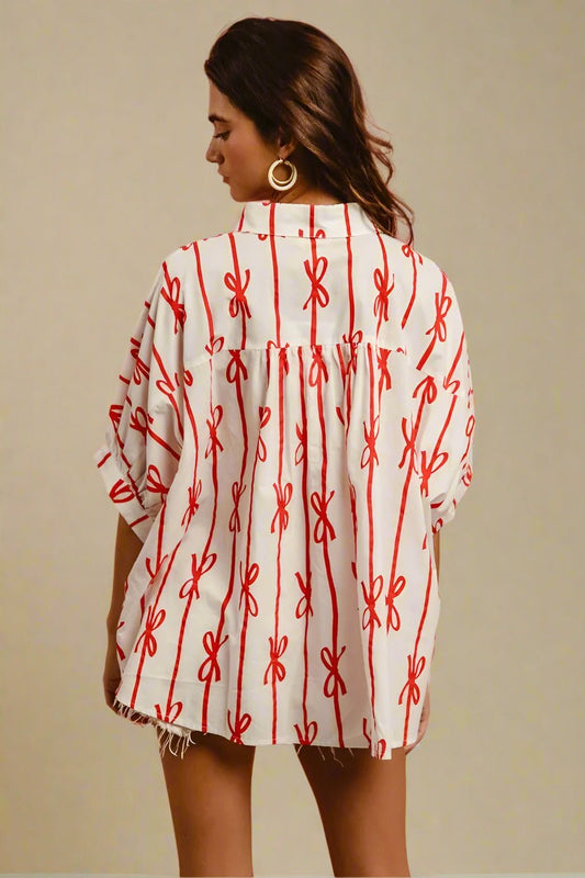 BiBi - Red Bow Print Button - Up Shirt – White & Red