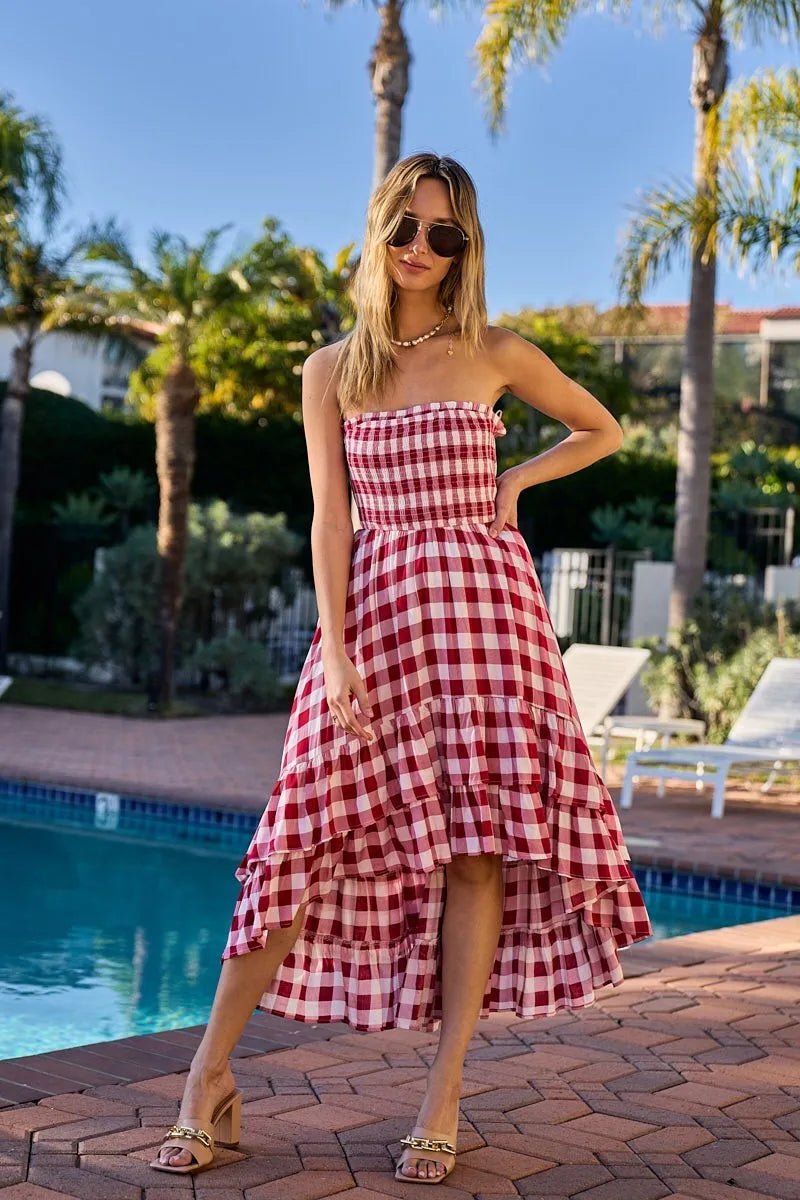 BiBi - Red Gingham Smocked Strapless High - Low Midi Dress