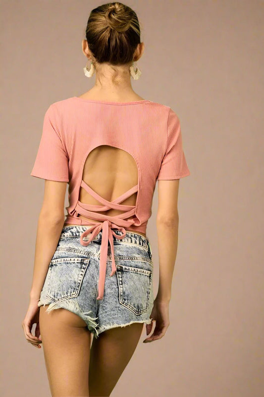 BiBi - Rib Knit Lace - Up Back Crop Tee – Dusty Rose