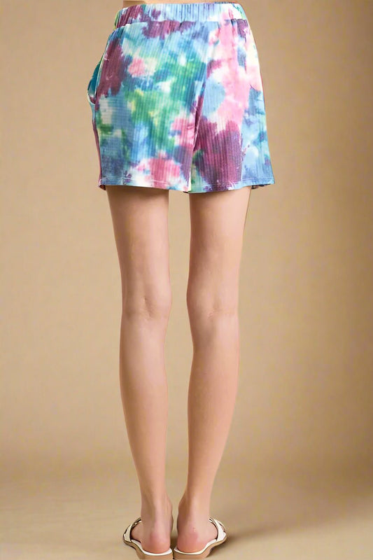 BiBi - Ribbed Tie Dye Lounge Shorts in Rainbow Mix