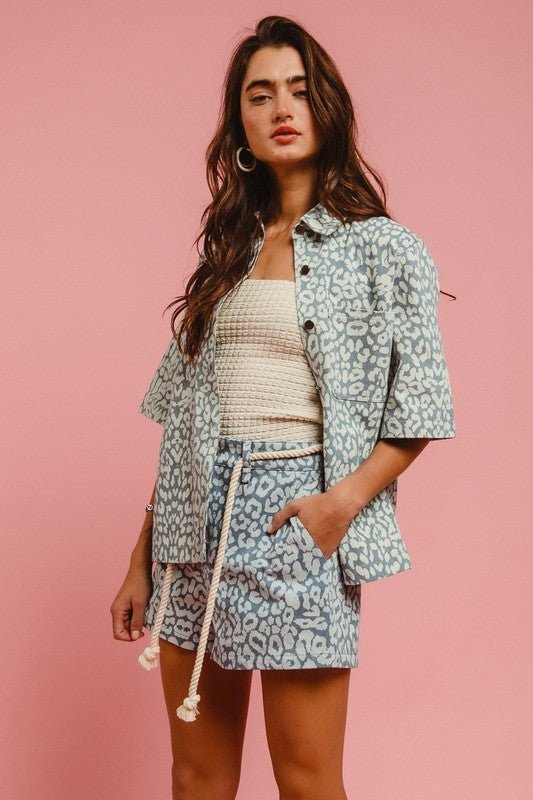 BiBi - Rope Belt Leopard Print Denim Shorts